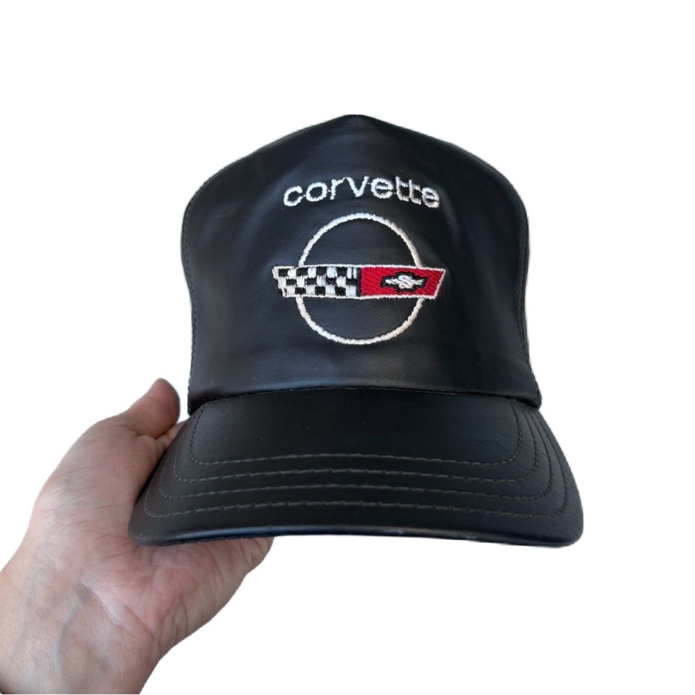 Rare Vintage Corvette Chevy Black Leather Embroidered Trucker Hat